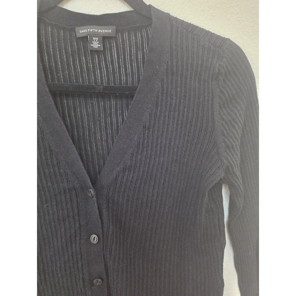 Saks Fifth Avenue Cardigan S Black Long Sleeve V-Neck Ribbed Cotton Linen